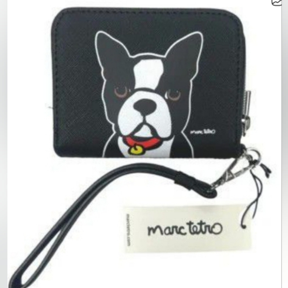 Marc Tetro Boston Terrier Saffiano Leather Zip Around Wallet Wristlet BNIB